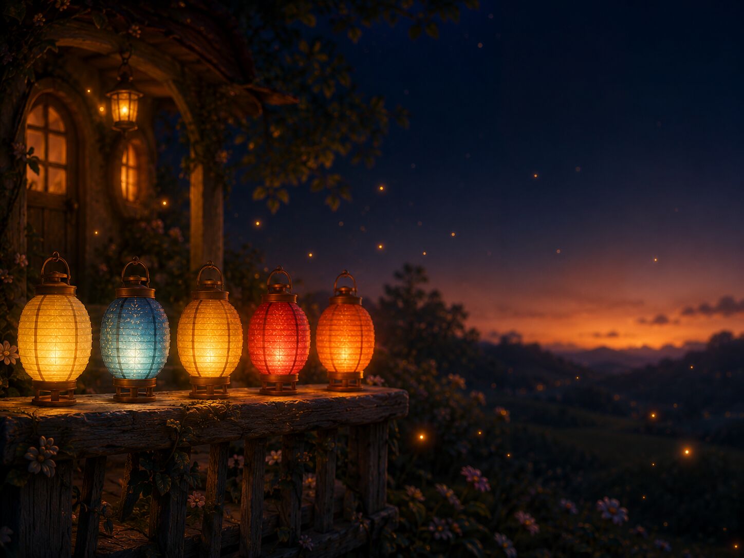 Five lanterns lined up on a porch rail at dusk — the five siblings, one porch light left on