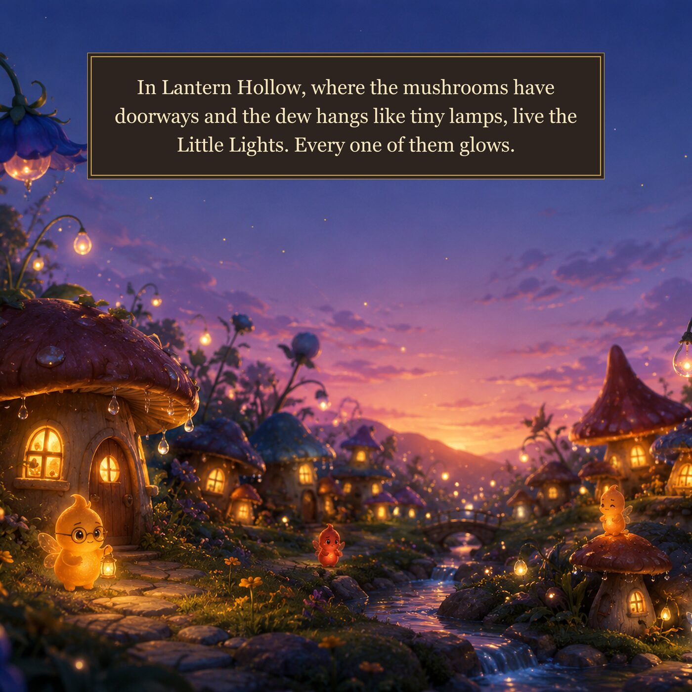 Opening spread of Pip and the Dark — Lantern Hollow glowing at dusk, with the story text on a gold banner