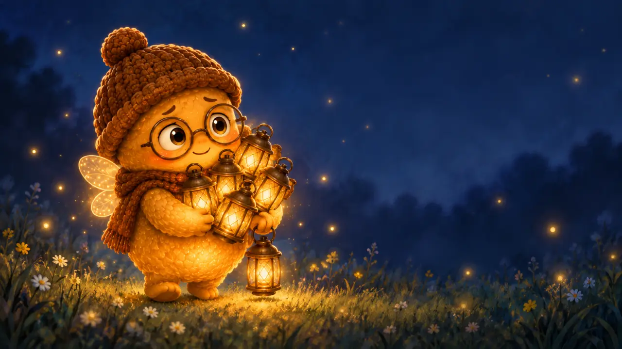 Wick sets his lanterns down one by one, opens his hands, and his glow grows soft and easy.
