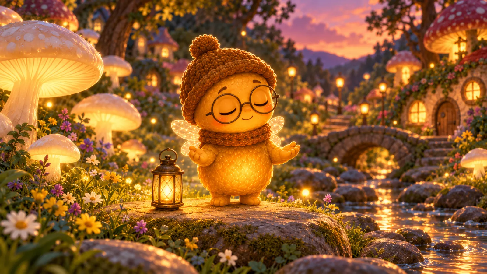 Wick sets his lanterns down one by one, opens his hands, and his glow grows soft and easy.